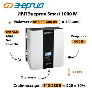 ИБП Энергия Smart 1000W - ИБП и АКБ - Энергия ИБП Smart - . Магазин оборудования для автономного и резервного электропитания Ekosolar.ru в Серове